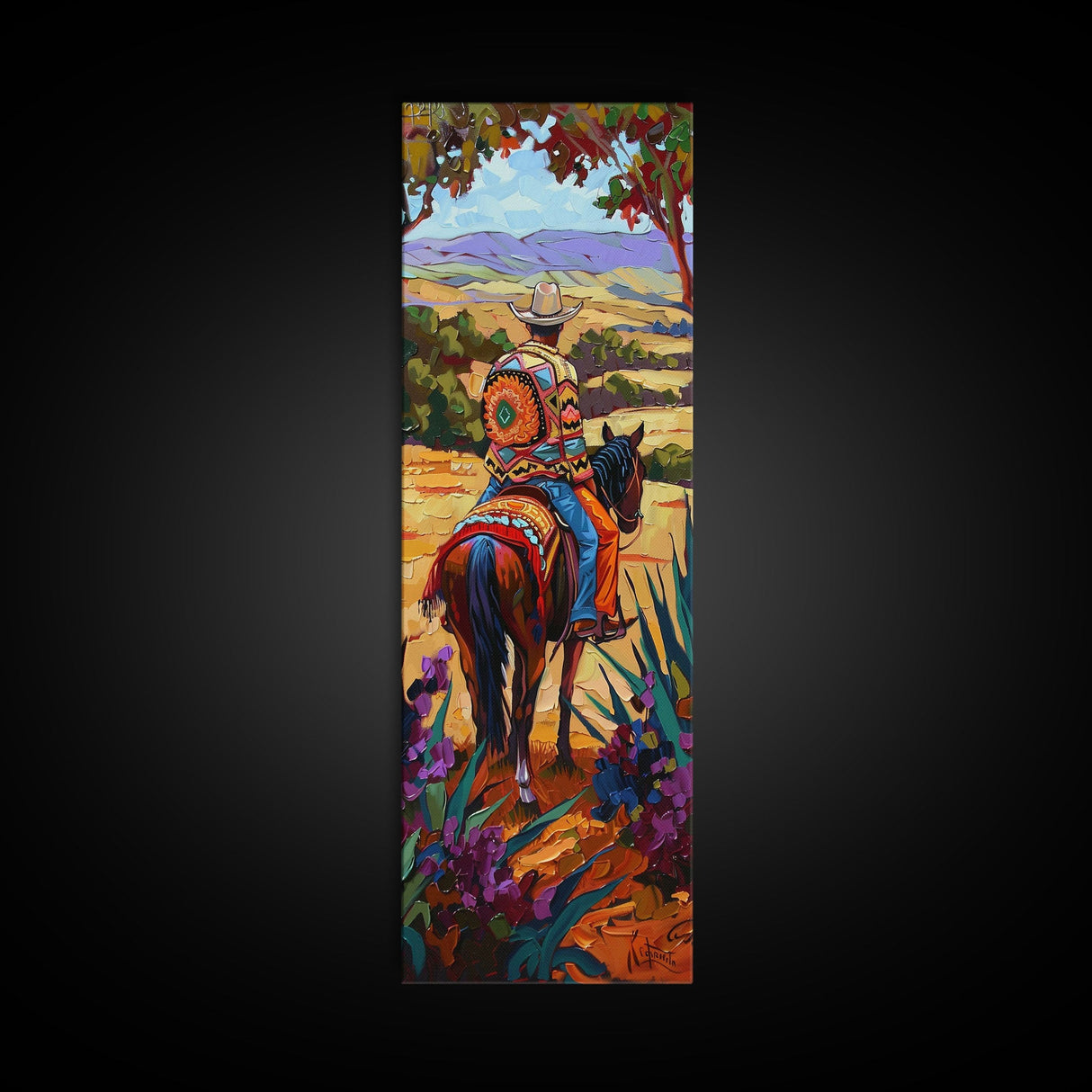 Long Narrow Wall Art Painting of Jalisco Cowboy, Southwest Wall Art Painting, Colorful Desert Canvas Painting Framed and Printed, Office Art
