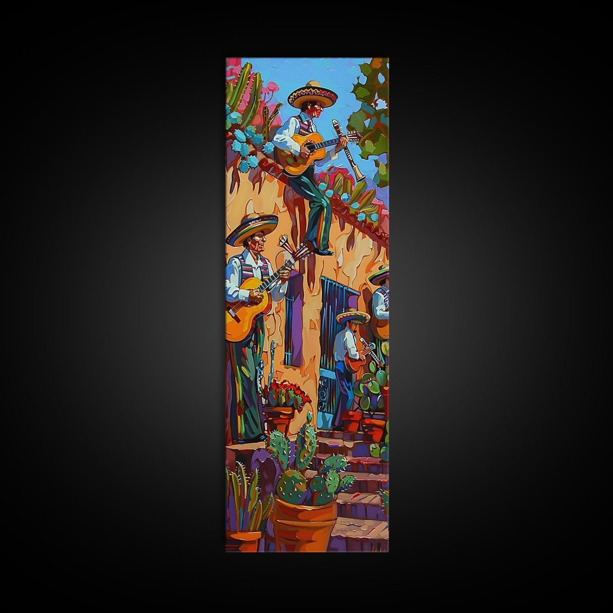 Tall and Narrow Mexican Style Mariachi Band Printed on Framed Canvas, Colorful Botanical Canvas Art, Maximalist Wall Art Print, Spanish Art