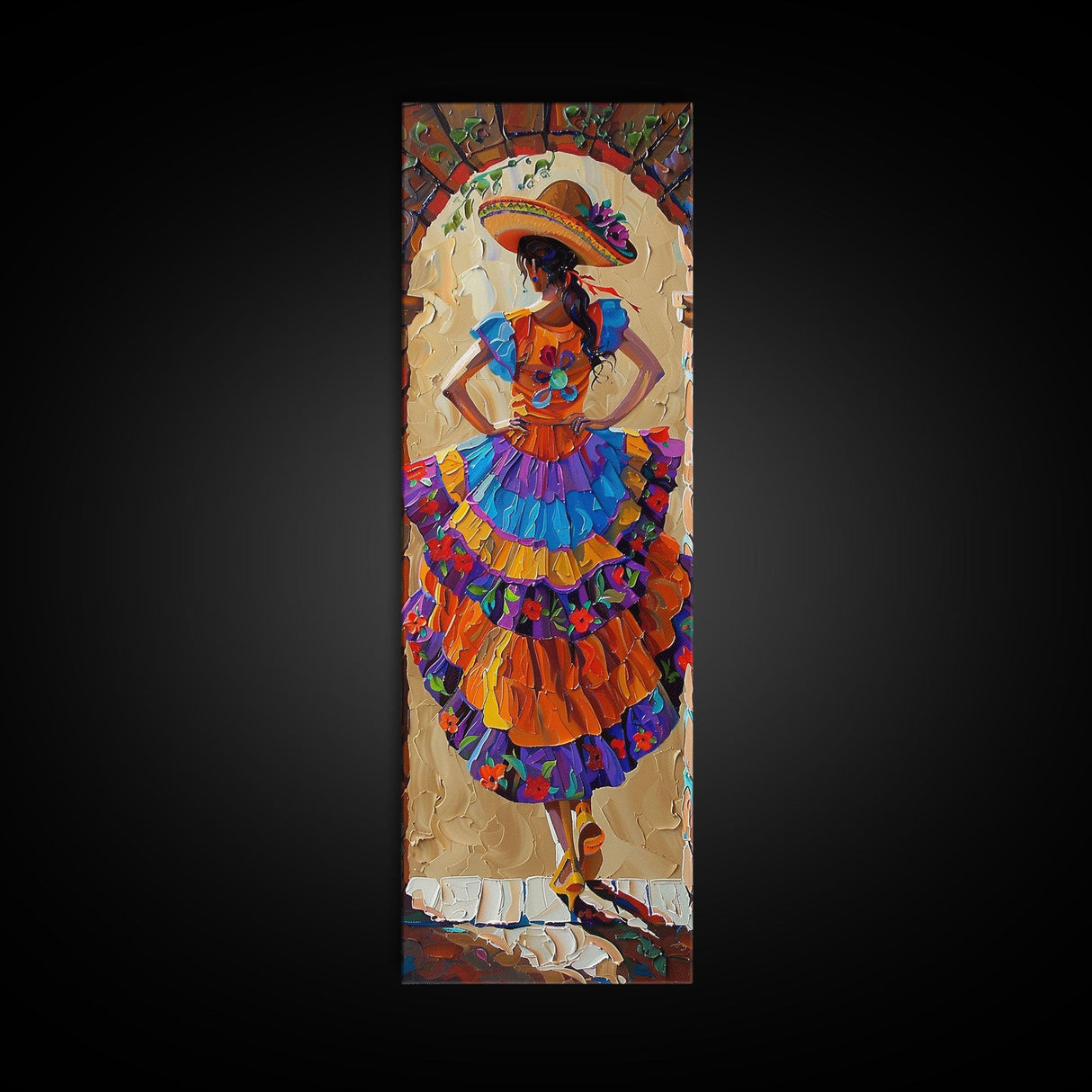 Jalisco Mexican Dancer Textured Oil Painting Printed and Framed on Canvas, Vertical Narrow Art Print, Mexican Inspired Home Decor