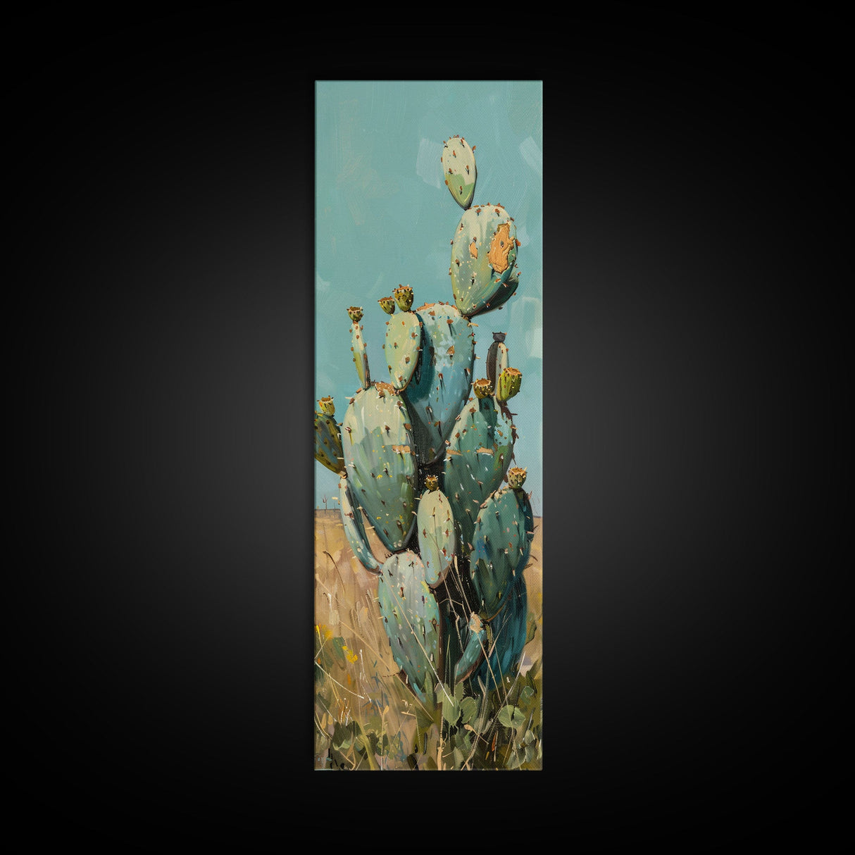 Botanical Desert Art Print of Cactus Framed on Canvas, Framed Western Art, Colorful Landscape Painting, Vertical Art for Living Room
