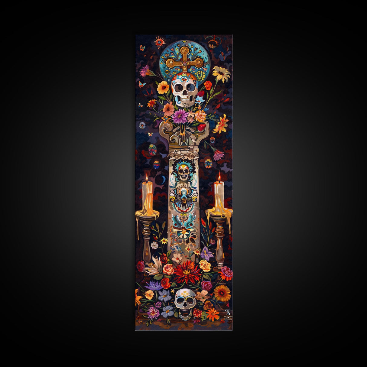 Dia De Los Muertos Sugar Skull Canvas Painting, Gothic Wall Art Print, Skinny Framed Canvas Art, Colorful Day of The Dead Poster Art