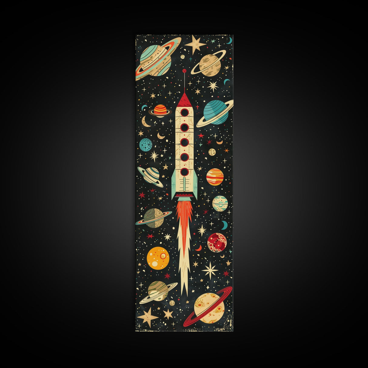 Space Exploration Art with Planets - Framed Canvas Print, Midcentury Modern Skinny Art, Tall Wall Art for Living Room or Bedroom Decor