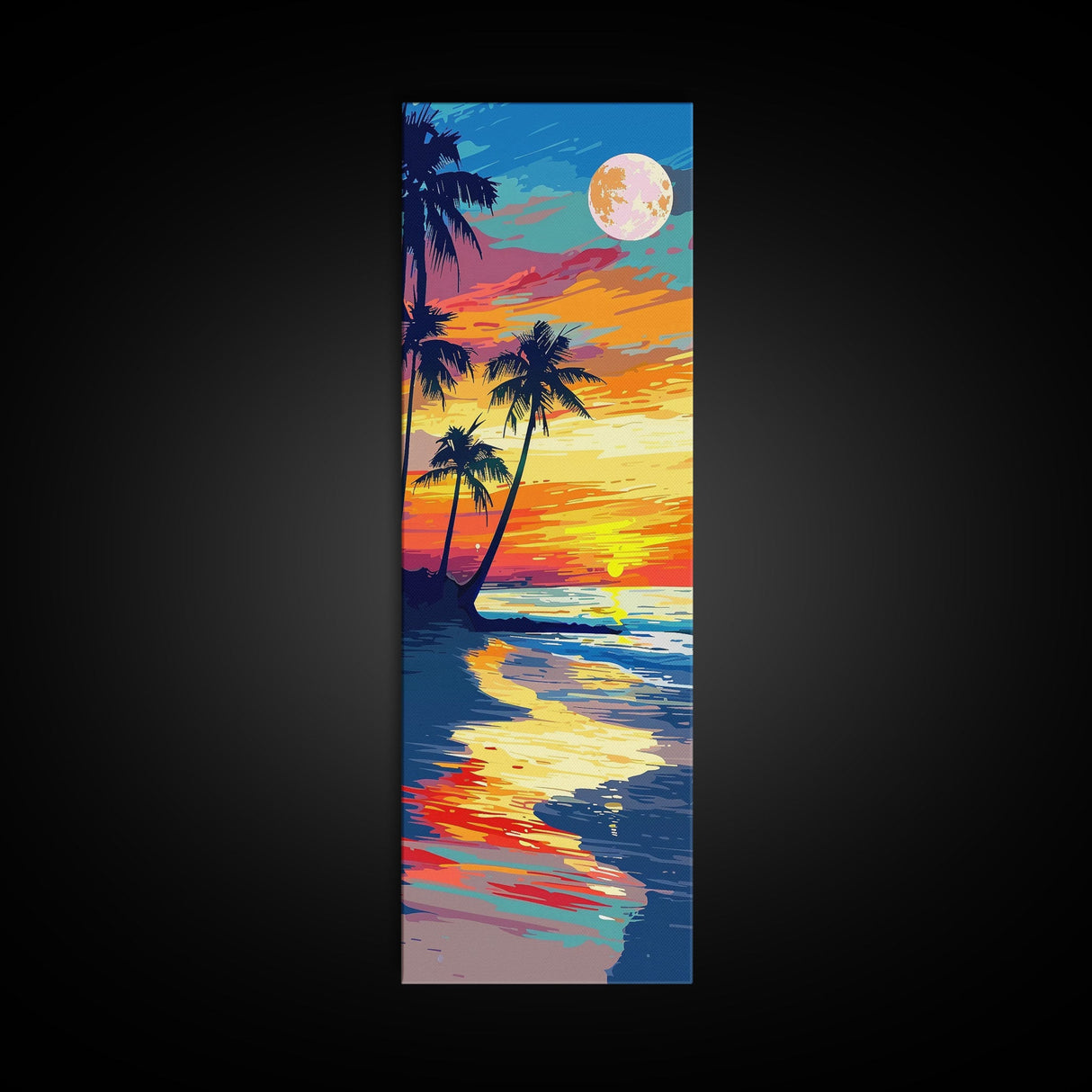 Vibrant Tropical Sunset Midcentury Modern Art - Framed Canvas Print, Boho Art, Skinny Art, Living Room Art, Bedroom Decor, Coastal Landscape