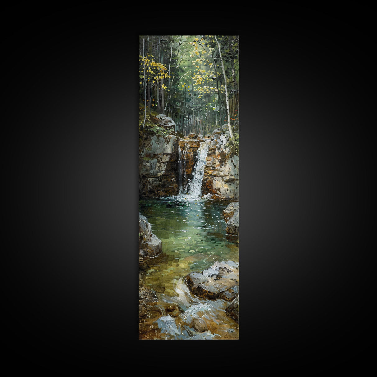 Framed Canvas Print Skinny Art of a Serene Waterfall Cascading into a Tranquil Pool in a Lush Forest Landscape, Perfect Tall Art for Nature Lovers