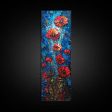 Red Poppies on Textured Blue Canvas as Tall Skinny Art Framed Canvas Print Perfect for Bold Wall Decor in Modern Spaces