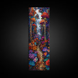 Fantasy Forest Pathway with Giant Mushrooms as Tall Skinny Art Framed Canvas Print for Whimsical Wall Decor in Unique Spaces