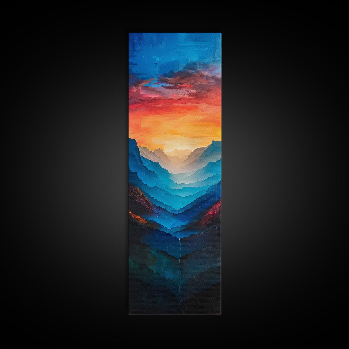 Sunset Over The Mountain Valley Framed Canvas Print - Colorful Wall Art - Midcentury Modern Style Art - Modern Decor - Abstract Landscape Painting - Tall Art