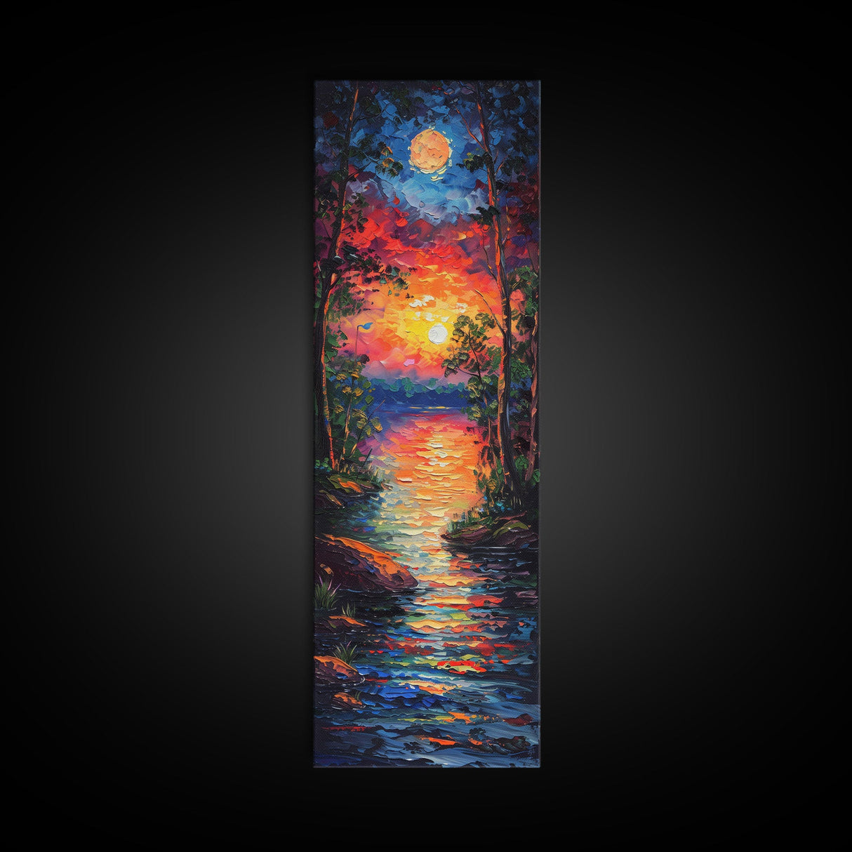 Sunset and Full Moon Over The lake Framed Canvas Print, Nature Decor, Landscape Oil Painting Print Wall Art, Skinny / Tall Art for Small Spaces
