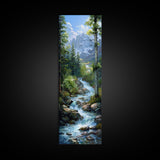Majestic Mountain Stream In A Serene Forest Landscape, Farmhouse And Minimalist Art Style, Boho Wall Art In Tall Canvas Print