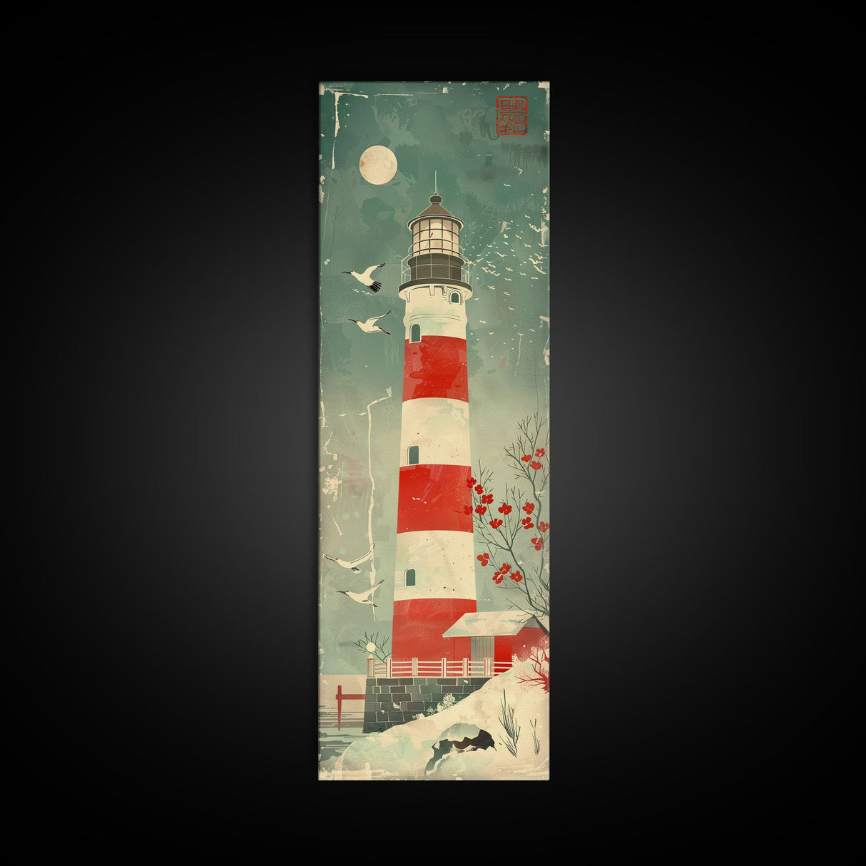 Japanese Woodblock Print Of A Traditional Lighthouse Surrounded By Seagulls Framed Canvas Print Ready To Hang For Wall Art Decor