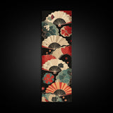 Japanese-Inspired Fan Art in Bold Red and Cream Accents on Tall Vertical Canvas Print Featuring Elegant Floral Design