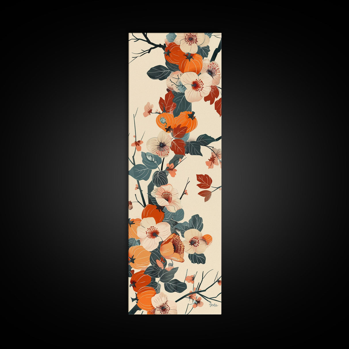 Skinny Art of Persimmon Branch with Delicate White Flowers – Japanese-Inspired Framed Canvas Print