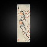 Pair of Birds on Snowy Branches, Japanese Art Framed Canvas Print, Tall and Skinny Wall Art in Ukiyo-e Style
