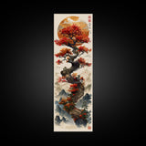 Majestic Bonsai Tree Under the Golden Sun Skinny Art Ukiyo-e Tall Framed Canvas Print with Mountain Landscape