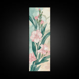 Skinny Art Pink Oleander Flowers In Japanese Style Wood Block Print Elegant Pastel Hues On Framed Canvas Print, Tall Art Ukiyo-e