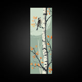 Skinny Art Bird On Birch Tree In Japanese Style Wood Block Print Autumn Tones On Framed Canvas Print, Tall Art Ukiyo-e