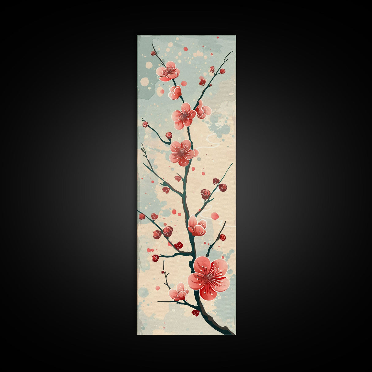 Peach Blossoms On Branch With Soft Pastel Background Tall Art Skinny Art Framed Canvas Print Japanese Style Art Ukiyo-e Wood Block Print