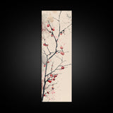 Minimalist Japanese Tree Branch With Red Berries, Ukiyo-e Woodblock Style Canvas, Framed Canvas Print, Japanese Tall Skinny Wall Art, Ready To Hang