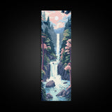Waterfall Through Rocky Cliff Surrounded By Pine Trees Tall Art Skinny Art Framed Canvas Print Japanese Style Art Ukiyo-e Wood Block Print
