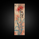 Bird Perched On Bright Red Lily Flower Skinny Art Tall Art Framed Canvas Print Japanese Style Art Ukiyo-e Art Wood Block Print Floral Detailed