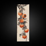 Bountiful Persimmons On Tree Branch Skinny Art Tall Art Framed Canvas Print Japanese Style Art Ukiyo-e Art Wood Block Print Seasonal Natural