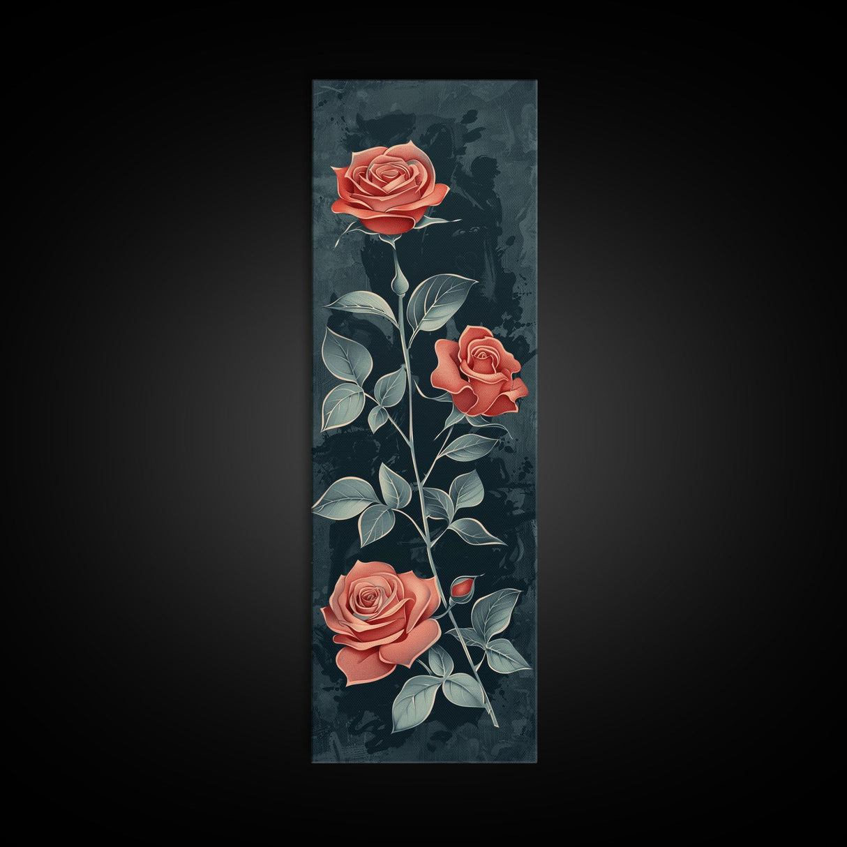 Deep Red Roses With Dark Green Foliage Skinny Art Tall Art Framed Canvas Print Japanese Style Art Ukiyo-e Art Wood Block Print Elegant Floral