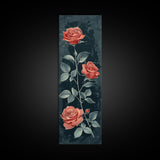 Deep Red Roses With Dark Green Foliage Skinny Art Tall Art Framed Canvas Print Japanese Style Art Ukiyo-e Art Wood Block Print Elegant Floral