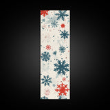 Festive Snowflakes In Red, Blue, And White On A Cream Background, Skinny Art Tall Wall Art Framed Canvas Print Japanese Style Art