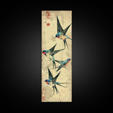 Trio Of Swallows In Flight Against A Vintage Beige Background, Skinny Art Tall Wall Art Framed Canvas Print Japanese Style Art