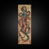 Vintage Canvas Print With Vibrant Octopus Design Ukiyo-e Wall Art Wood Block Print Tall Art Japanese Style Skinny Art