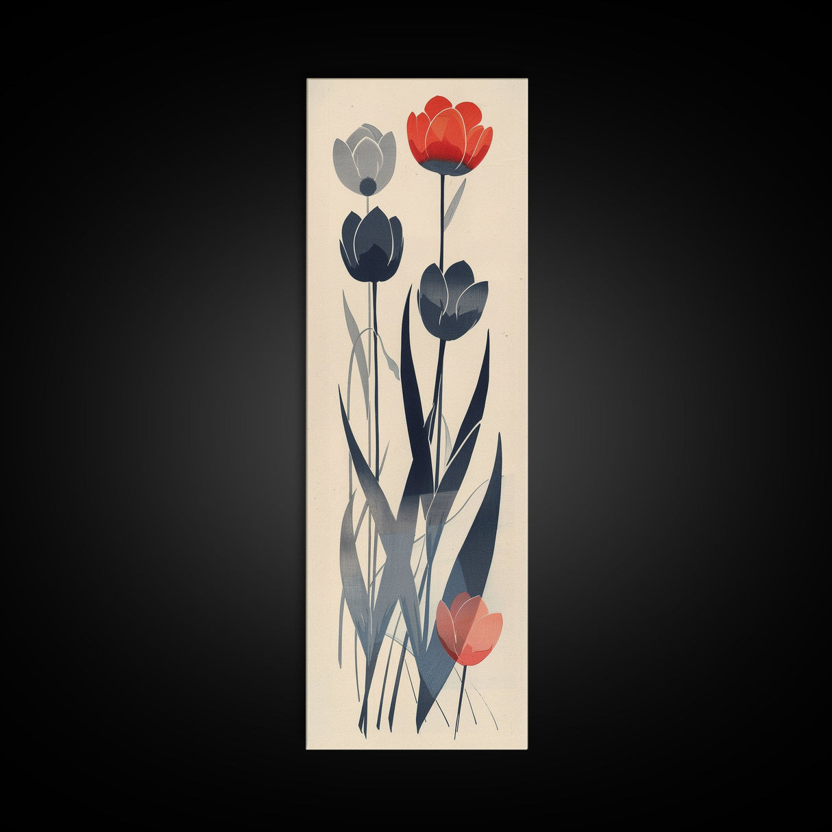 Minimalist Tulips In Red And Gray On Beige Background Framed Canvas Print Ukiyo-e Art Wood Block Print Japanese Style Skinny Art Tall Art