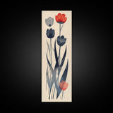 Minimalist Tulips In Red And Gray On Beige Background Framed Canvas Print Ukiyo-e Art Wood Block Print Japanese Style Skinny Art Tall Art