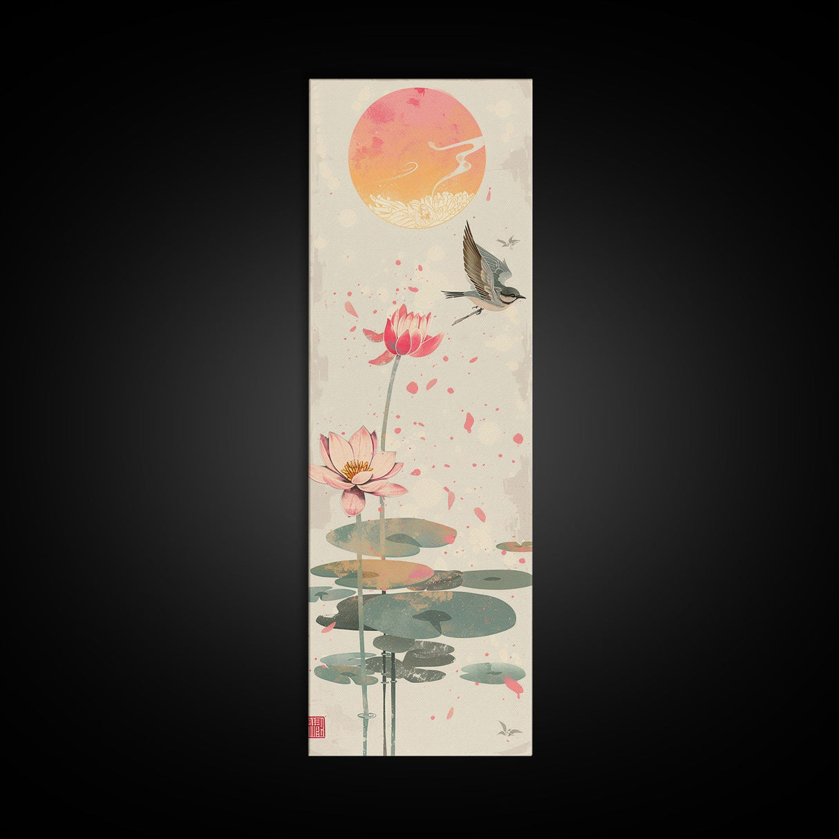 Autumn Maple Leaves Falling Tall Skinny Japanese Wall Art - Framed Canvas Print in Ukiyo-e Style