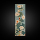 Tall White Blooms with Large Leaves on Blue Background, Framed Canvas Print in Japanese Art Style