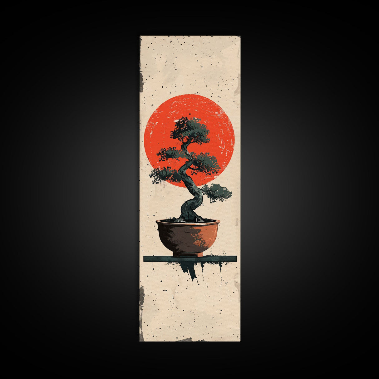 Canvas Print Bonsai Tree Silhouette Against Red Sun, Minimalistic Japanese Style Art For Modern Home, Wall Decoration