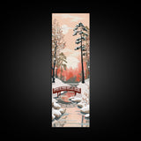 Serene Japanese Winter Landscape Highlighting A Red Bridge Snow-Covered Pines Under A Peaceful Sky Tall Framed Canvas Print Nature Scene