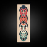 Bold Striking Japanese Kabuki Masks Vibrant Colors Depicted Traditional Style Tall Framed Canvas Print Cultural Home Decor