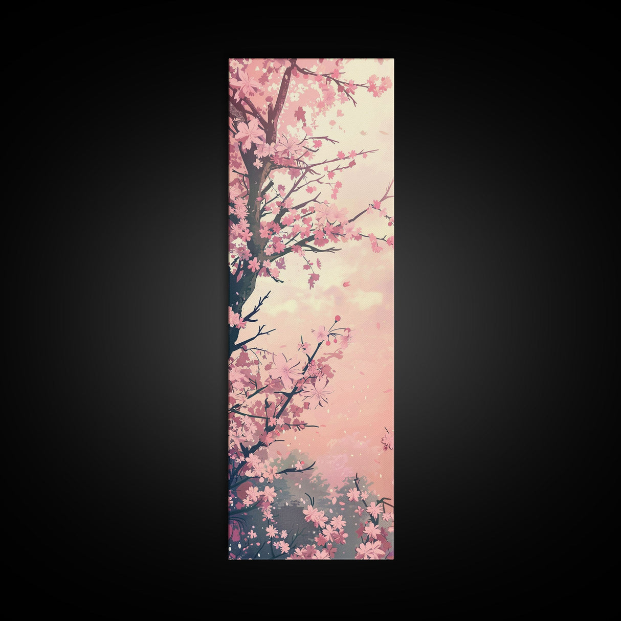 Beautiful Cherry Blossoms Blooming On Tree Branch Against Soft Pastel Background Captured Tall Framed Canvas Print Floral Home Decor