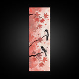 Red and Black Maple Leaves with Birds Perched on Branches Japanese Framed Canvas Print Ukiyo-e Art Skinny Tall Art