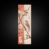 Japanese Bird Art Skinny Wall Art Framed Canvas Print Perched Bird on Branch with Cherry Blossoms and Petals in Soft Pastel Colors