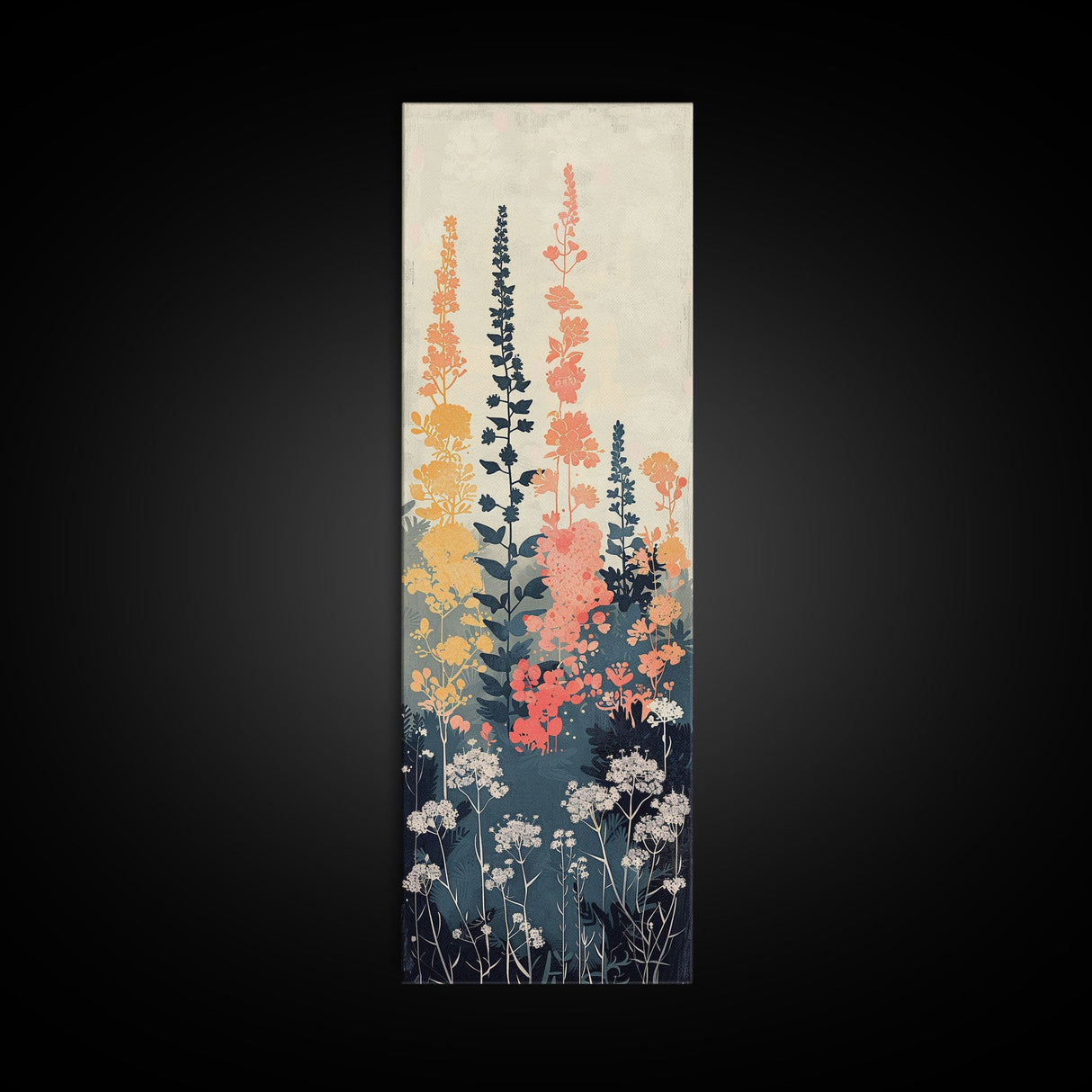 Framed Canvas Print Of Elegant Wildflowers Set Against A Soft Background, Skinny Art, Tall Art, Japanese Style Art, Ukiyo-e Art, Wood Block Print