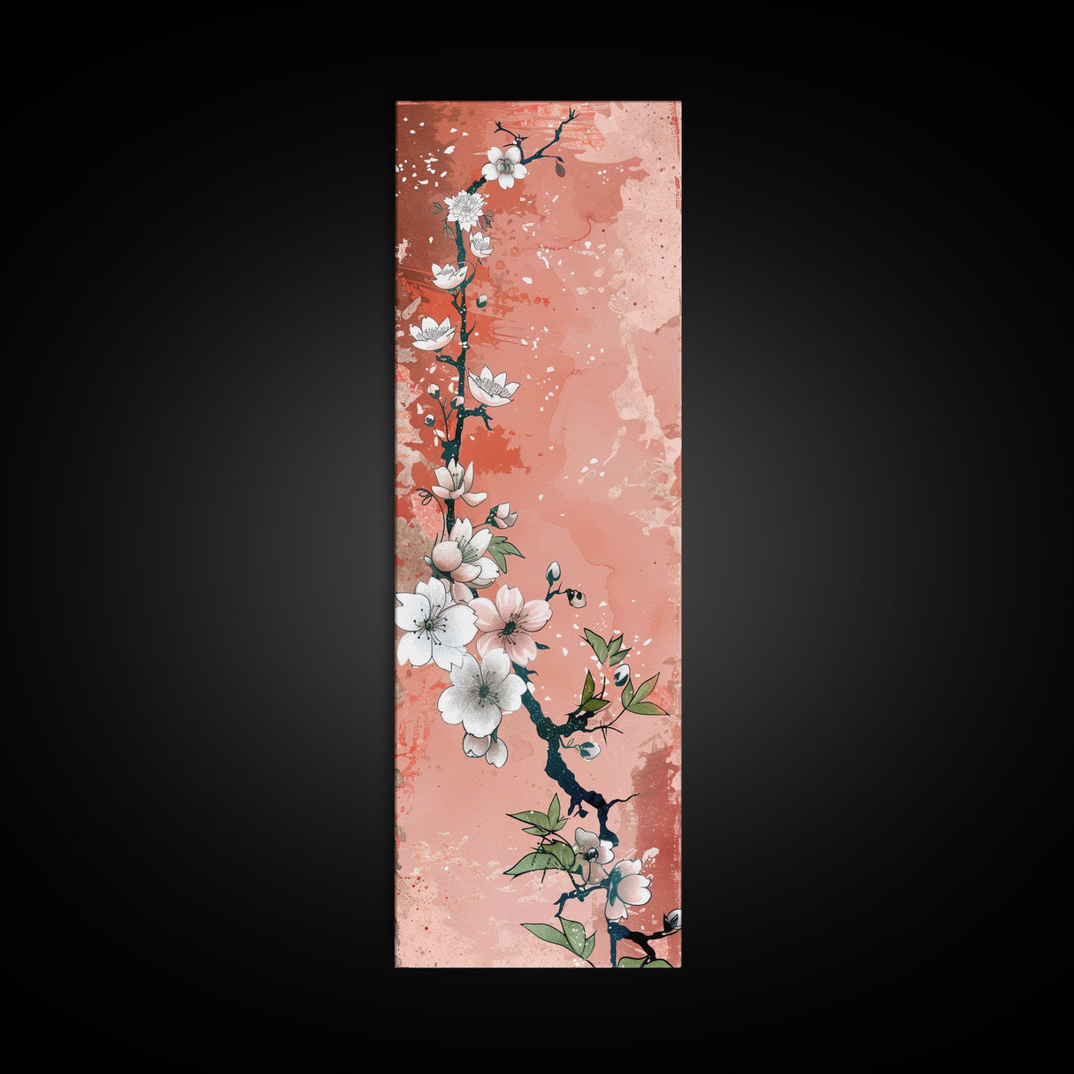 Skinny Art Tall Art Cherry Blossoms Wood Block Print Japanese Style Art With Delicate Branches On Soft Pink Background Framed Canvas Print