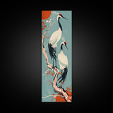 Pair Of Cranes Perched On Branch Against Orange Sun Background Skinny Art Wood Block Print Framed Canvas Print