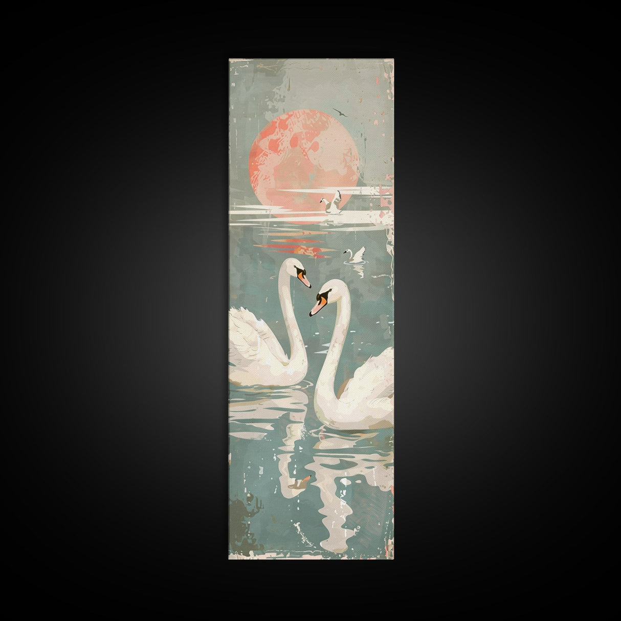 Graceful Swans With Peaceful Lake And Reflecting Sun Ukiyo-e Wood Block Skinny Tall Japanese Style Art Framed Canvas Print