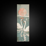 Graceful Swans With Peaceful Lake And Reflecting Sun Ukiyo-e Wood Block Skinny Tall Japanese Style Art Framed Canvas Print