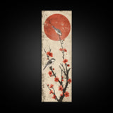 Delicate Birds Perched On Blooming Branch With Red Sun For Traditional Japanese Wall Art Decor Ukiyo-e Style Framed Canvas Print