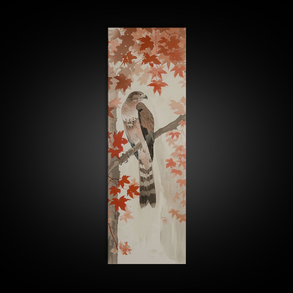 Majestic Hawk Perched Among Autumn Leaves, Framed Canvas Print In Skinny Tall Style, Japanese Style Art For Feng Shui Wall Art