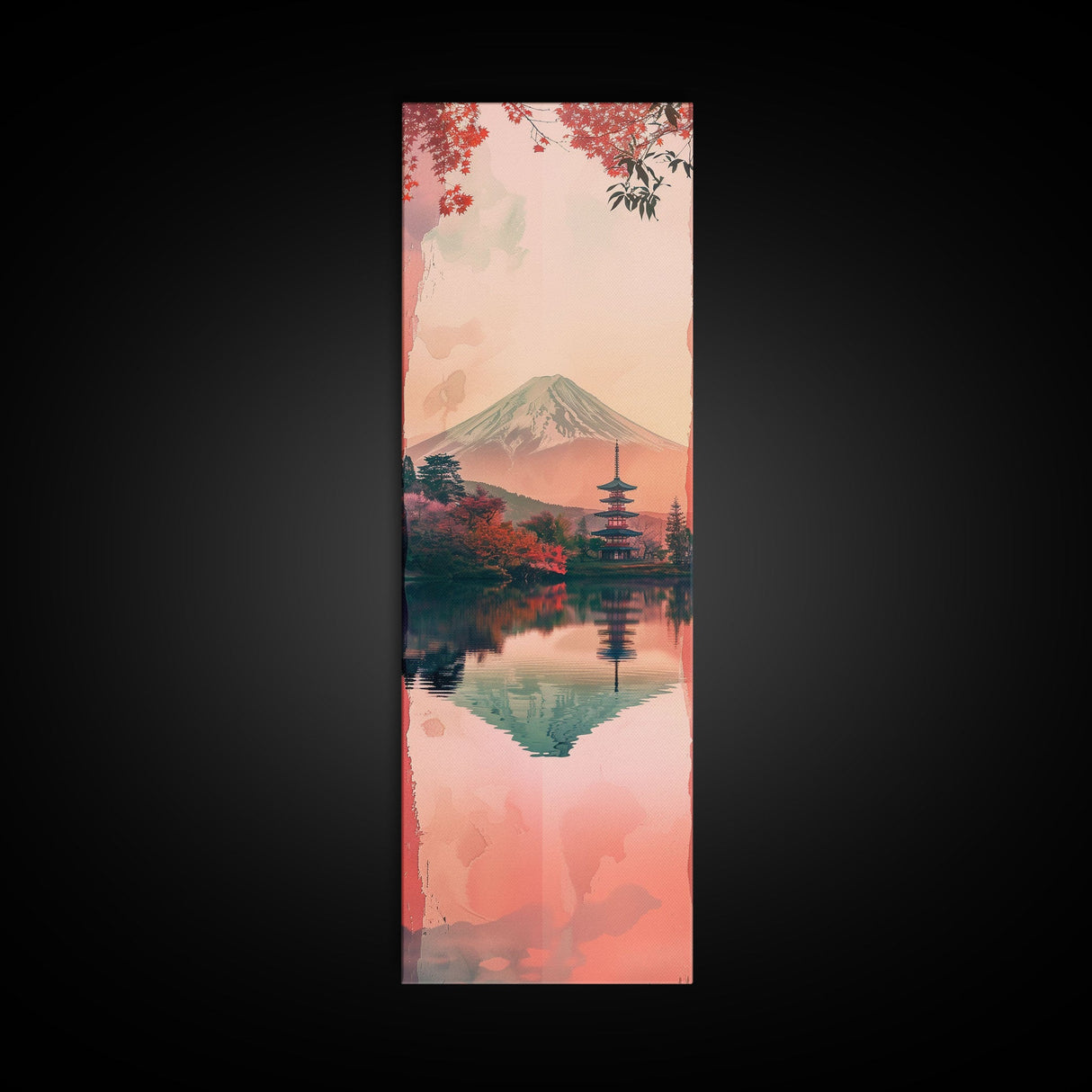 Skinny Art Tall Art Framed Canvas Print Japanese Style Art Mount Fuji Lake Reflection Red Maple Wood Block Print Ukiyo-e Feng Shui Wall Art