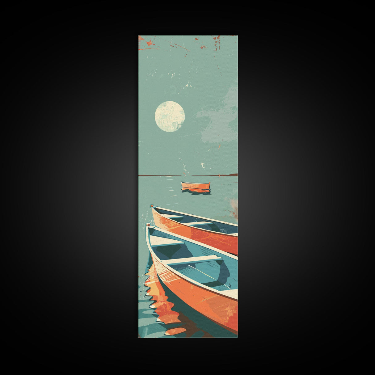 Moonlit Boats Drifting On Calm Waters In Japanese Style Ukiyo-e Art Framed Canvas Print Skinny Art Tall Art