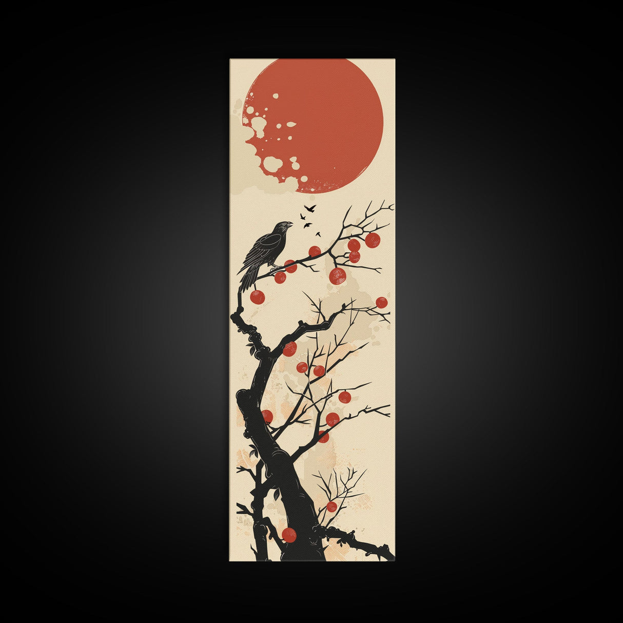Blackbird Perched On A Branch Under The Red Sun In Japanese Style Ukiyo-e Art Framed Canvas Print Skinny Art Tall Art